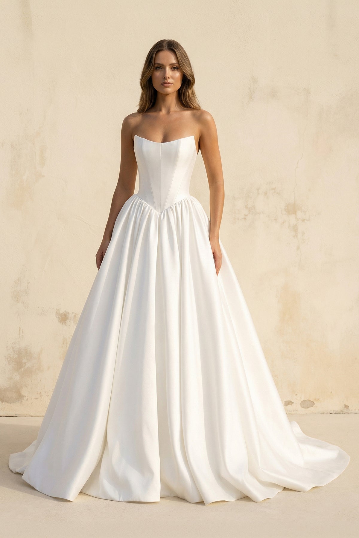 Robe de mariée blanche en satin bustier sans manches - Harana