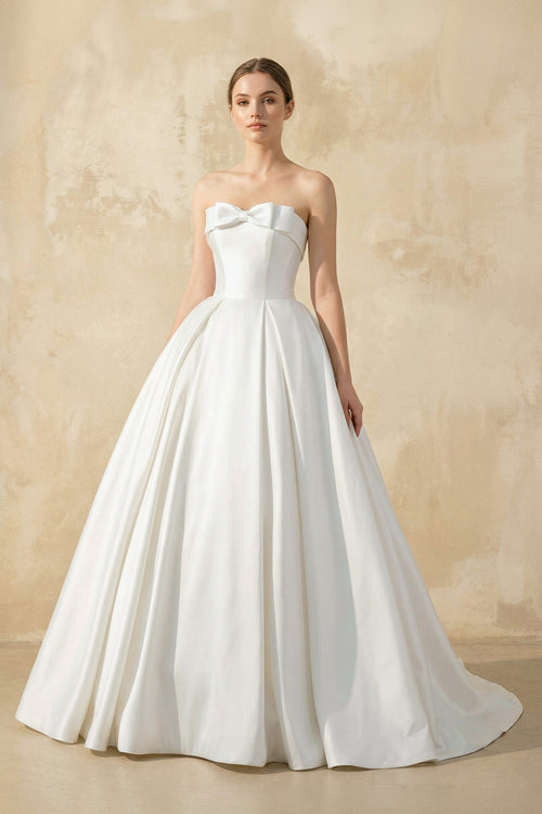 Robe de mariée blanc longue bustier avec nœud satinée - Harana