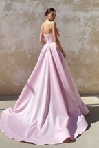 Robe longue rose satinée bustier avec nœud - Harana