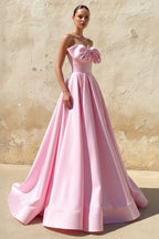 Robe longue rose satinée bustier avec nœud - Harana