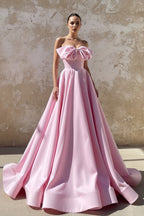Robe longue rose satinée bustier avec nœud - Harana
