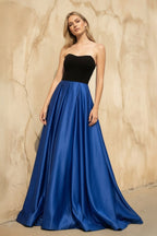 Robe longue black & royal blue satinée bustier - Harana