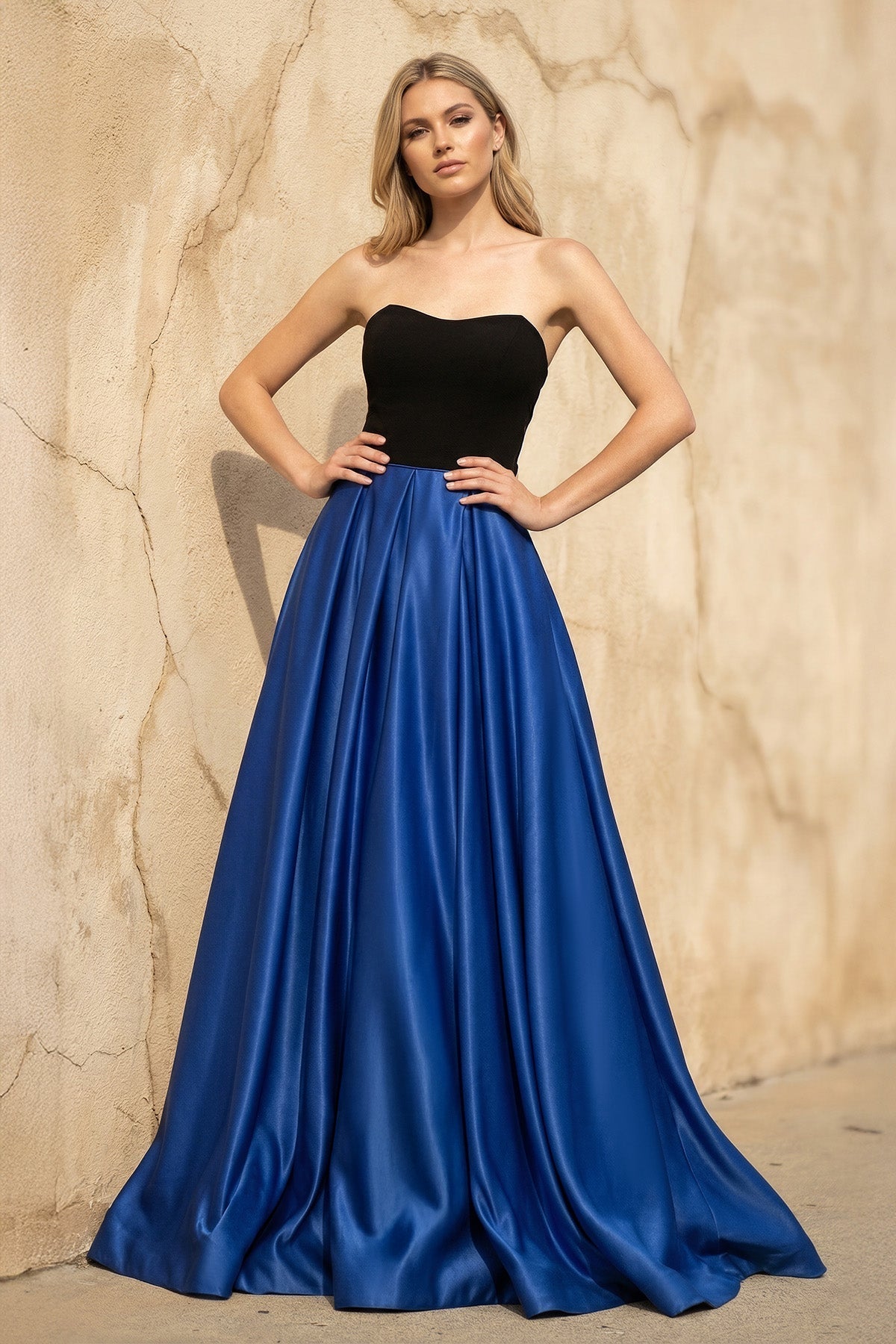 Robe longue black & royal blue satinée bustier - Harana
