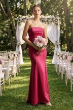 Robe demoiselle d’honneur bordeaux longue bustier sans manches satinée - Harana