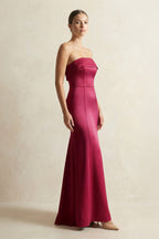 Robe demoiselle d’honneur bordeaux longue bustier sans manches satinée - Harana