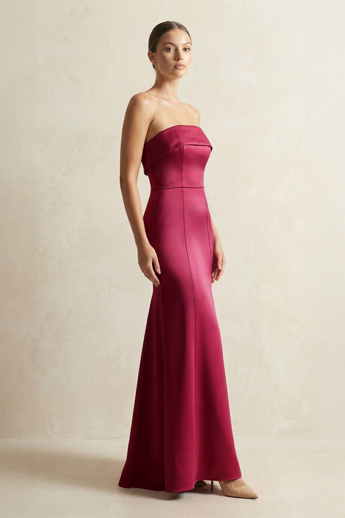 Robe demoiselle d’honneur bordeaux longue bustier sans manches satinée - Harana