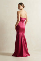 Robe demoiselle d’honneur bordeaux longue bustier sans manches satinée - Harana