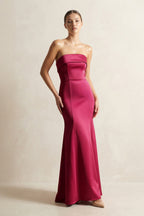 Robe demoiselle d’honneur bordeaux longue bustier sans manches satinée - Harana