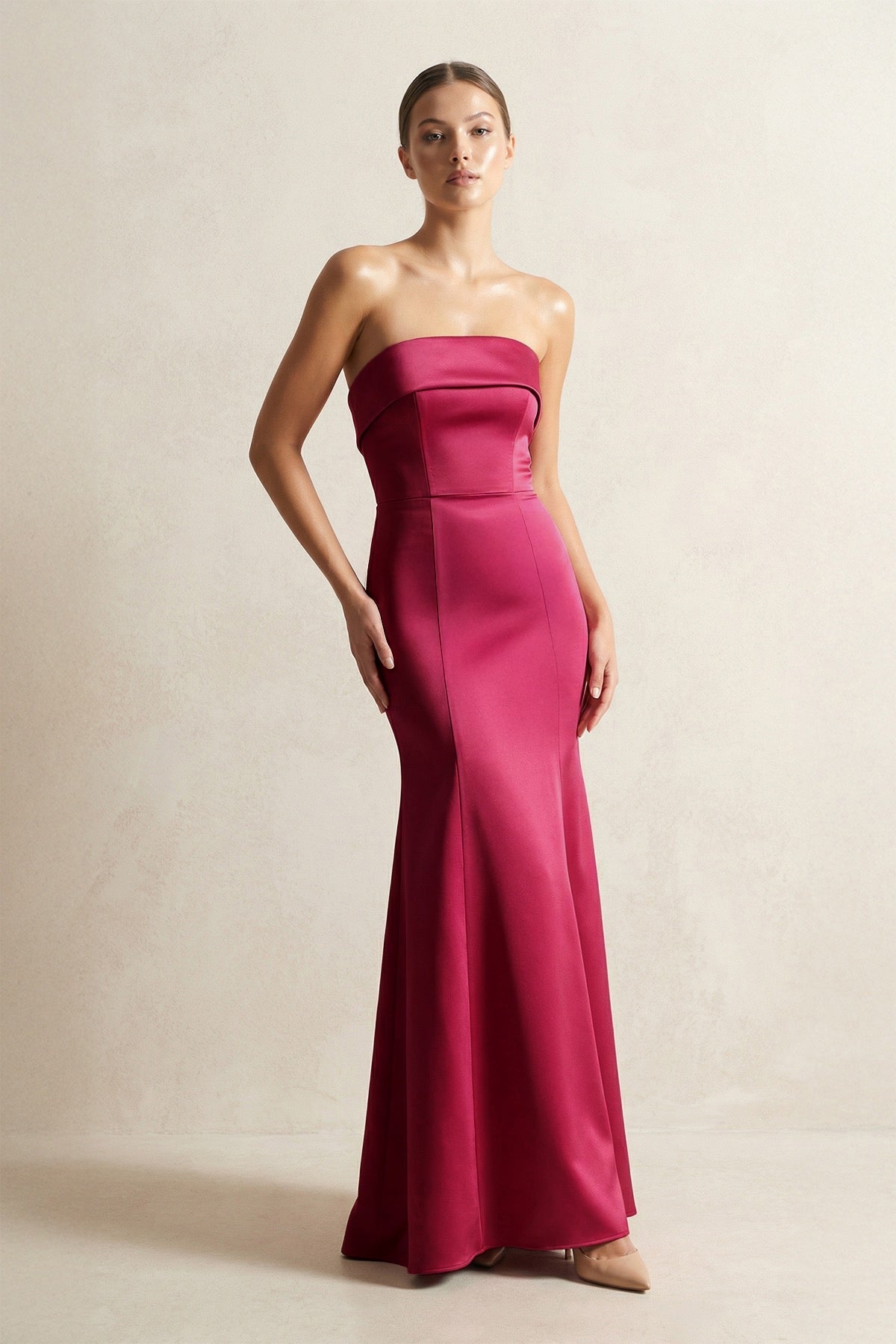 Robe demoiselle d’honneur bordeaux longue bustier sans manches satinée - Harana