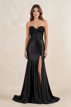 Robe longue noir satinée coupe sirène bustier avec fente - Harana