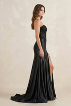 Robe longue noir satinée coupe sirène bustier avec fente - Harana