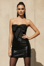 Robe courte noir pailletée bustier avec nœud - Harana