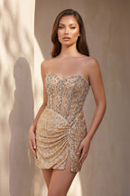 Robe courte champagne pailletée bustier perlée - Harana