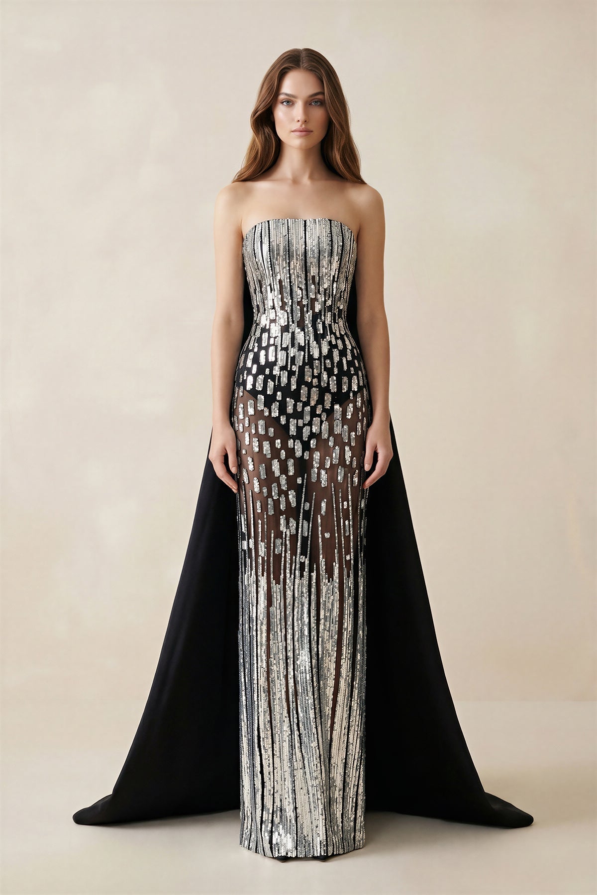 Robe de mariée noire coupe fourreau bustier ornée de sequins avec traîne - Harana