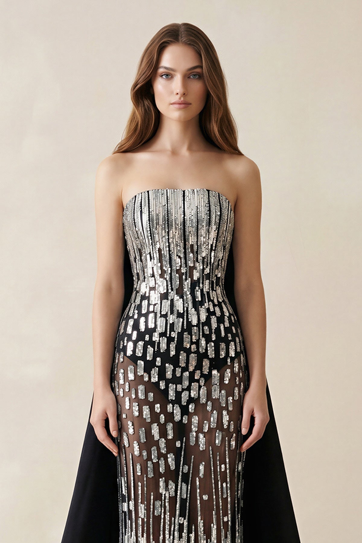 Robe de mariée noire coupe fourreau bustier ornée de sequins avec traîne - Harana
