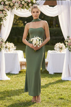 Robe demoiselle d’honneur vert sauge midi bustier sans manches satinée - Harana