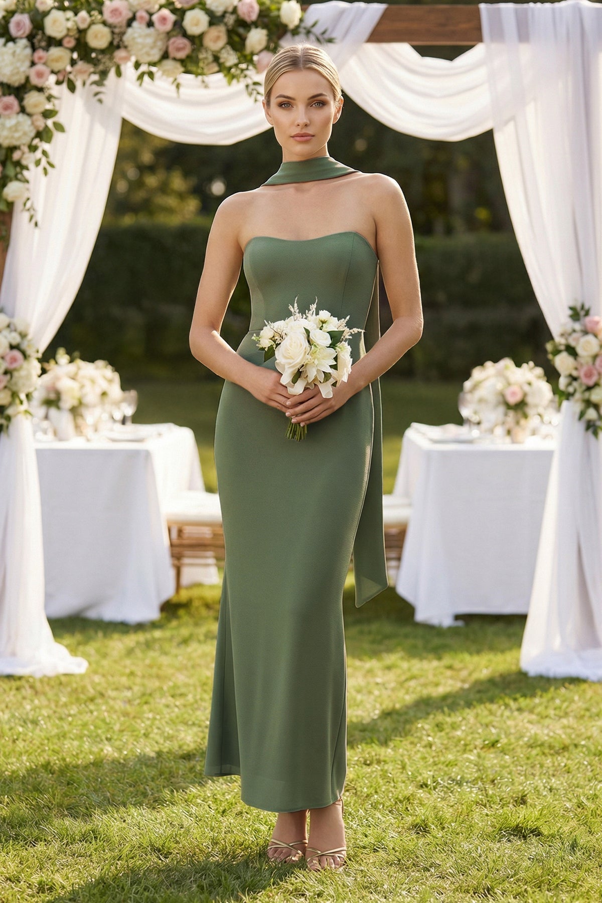 Robe demoiselle d’honneur vert sauge midi bustier sans manches satinée - Harana