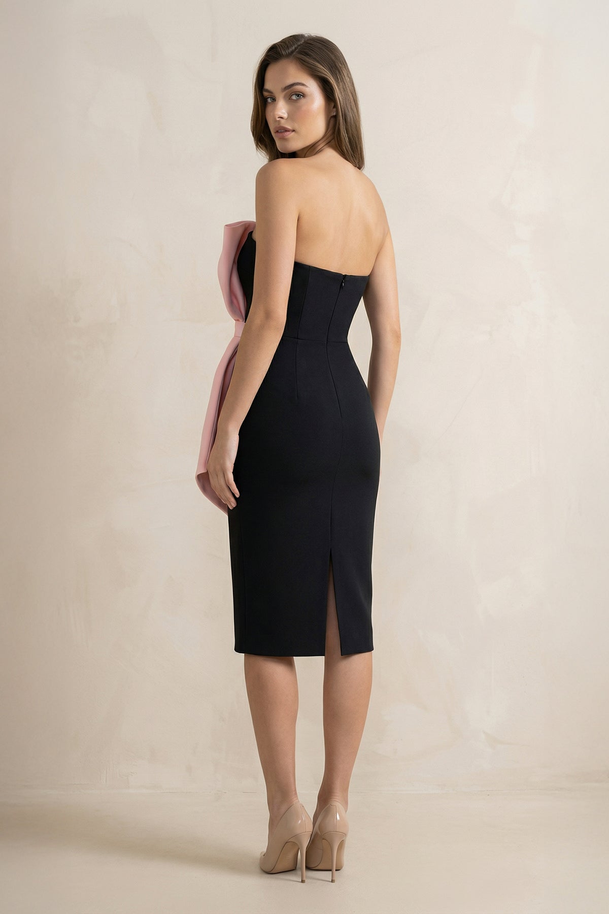 Robe midi black & pink bustier avec nœud - Harana