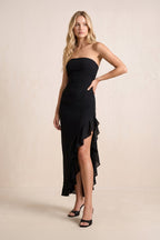 Robe noire midi coupe fourreau bustier ornée de volants avec fente - Harana