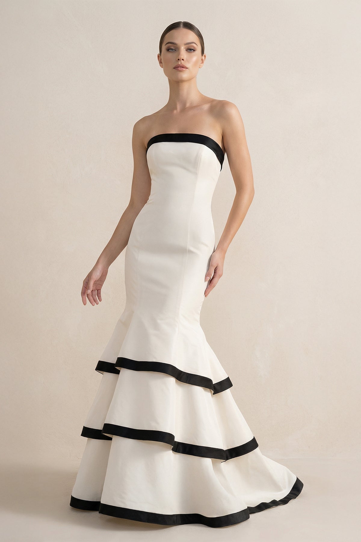 Robe longue black & white coupe sirène bustier - Harana