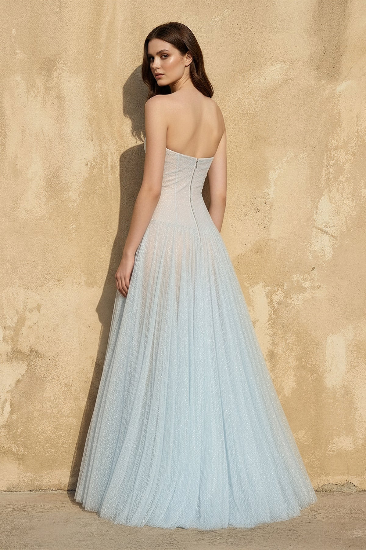 Robe longue bleu ciel en tulle coupe trapèze bustier - Harana