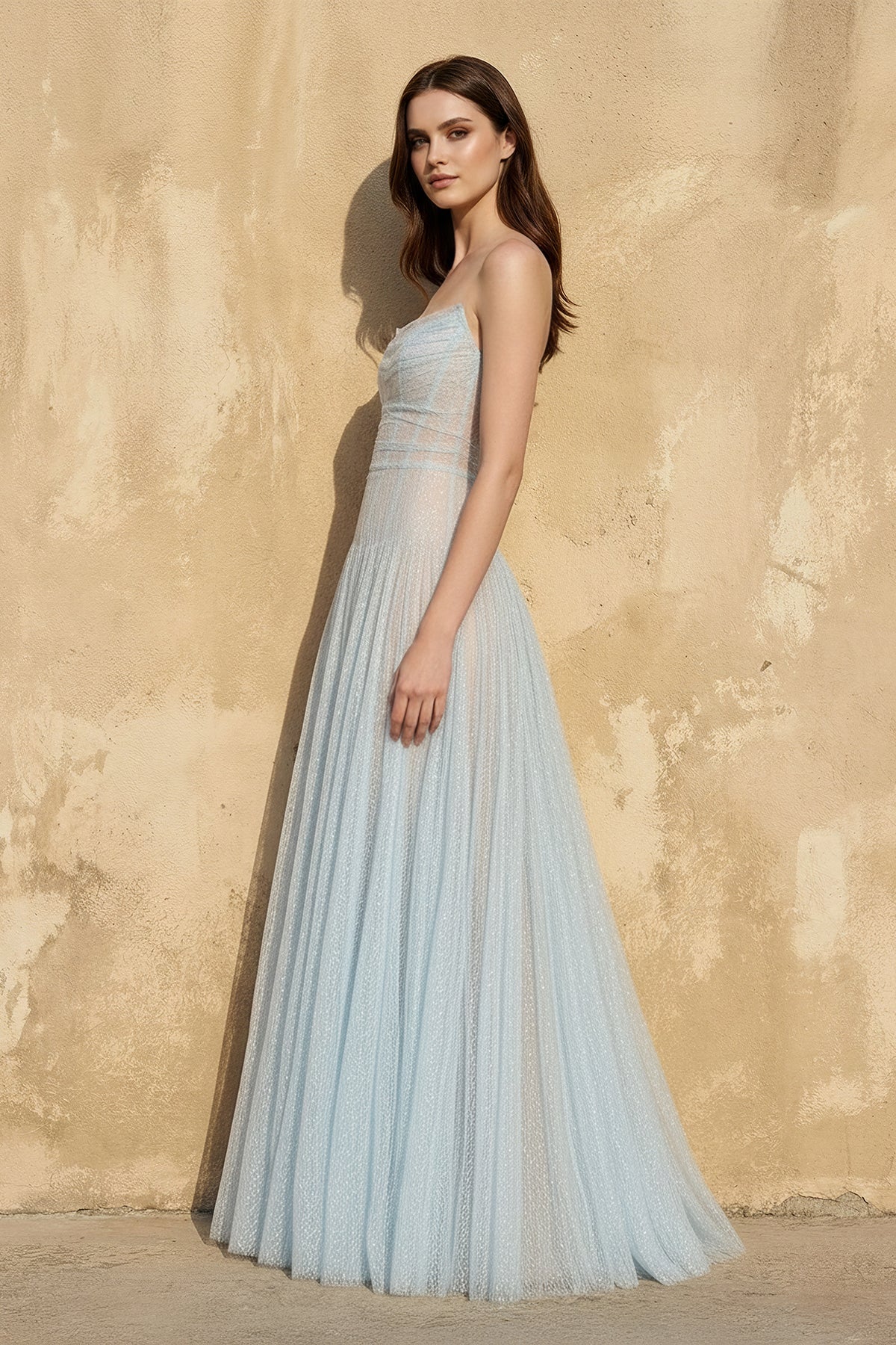 Robe longue bleu ciel en tulle coupe trapèze bustier - Harana