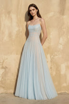 Robe longue bleu ciel en tulle coupe trapèze bustier - Harana