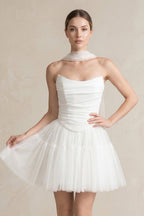 Robe de mariée courte blanc en tulle bustier sans manches - Harana