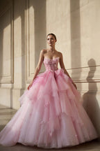 Robe longue rose en tulle bustier à appliqués - Harana
