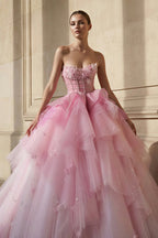 Robe longue rose en tulle bustier à appliqués - Harana