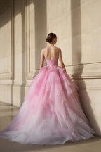 Robe longue rose en tulle bustier à appliqués - Harana