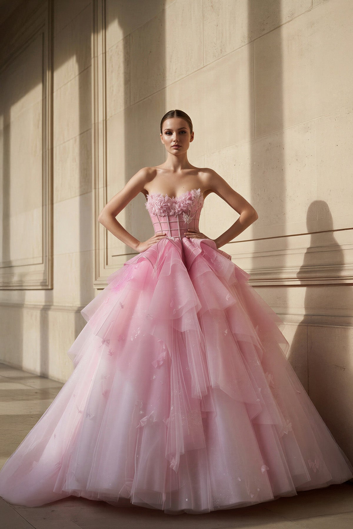 Robe longue rose en tulle bustier à appliqués - Harana