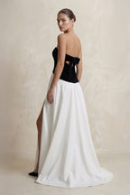 Robe longue black & white en velours bustier avec fente - Harana