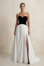 Robe longue black & white en velours bustier avec fente - Harana