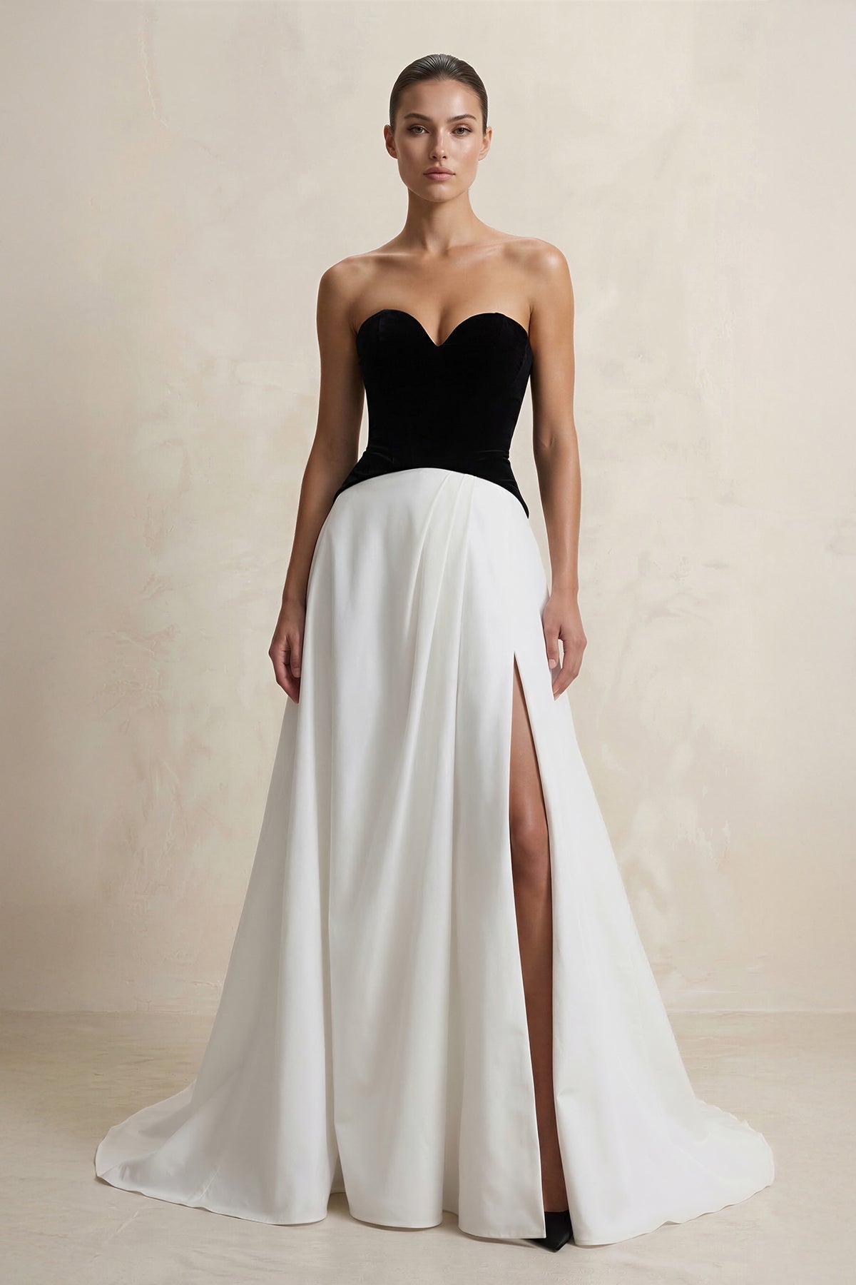 Robe longue black & white en velours bustier avec fente - Harana