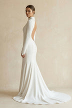 Robe de mariée blanche satinée coupe sirène à col montant - Harana