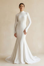 Robe de mariée blanche satinée coupe sirène à col montant - Harana