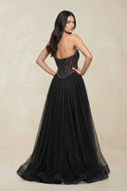 Robe de mariée noire trapèze en tulle bustier sans manches - Harana