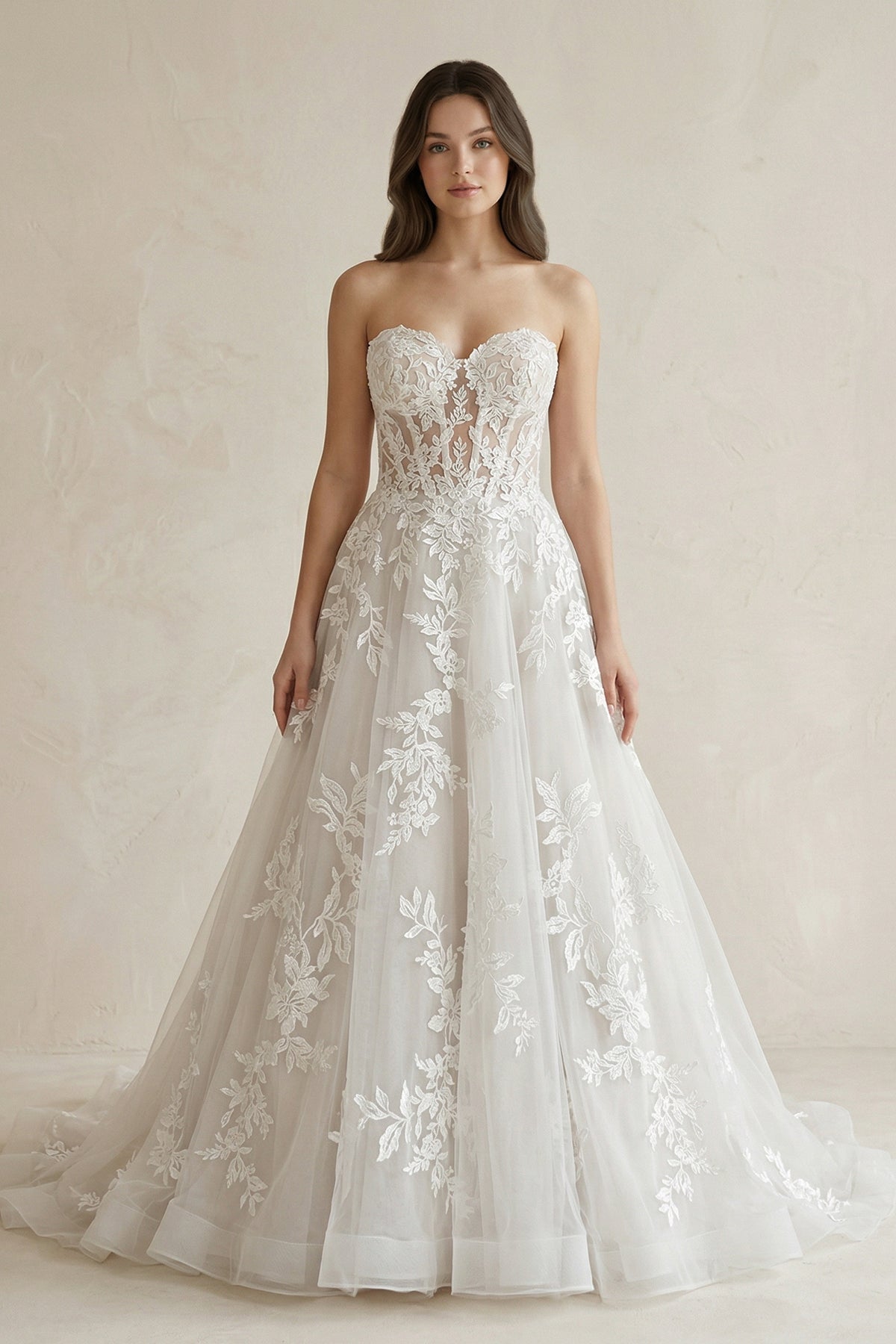 Robe de mariée ivoire trapèze en tulle décolleté cœur sans manches - Harana