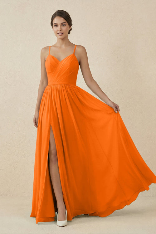 Robe de demoiselle d’honneur orange longue en mousseline coupe trapèze à décolleté cœur - Harana