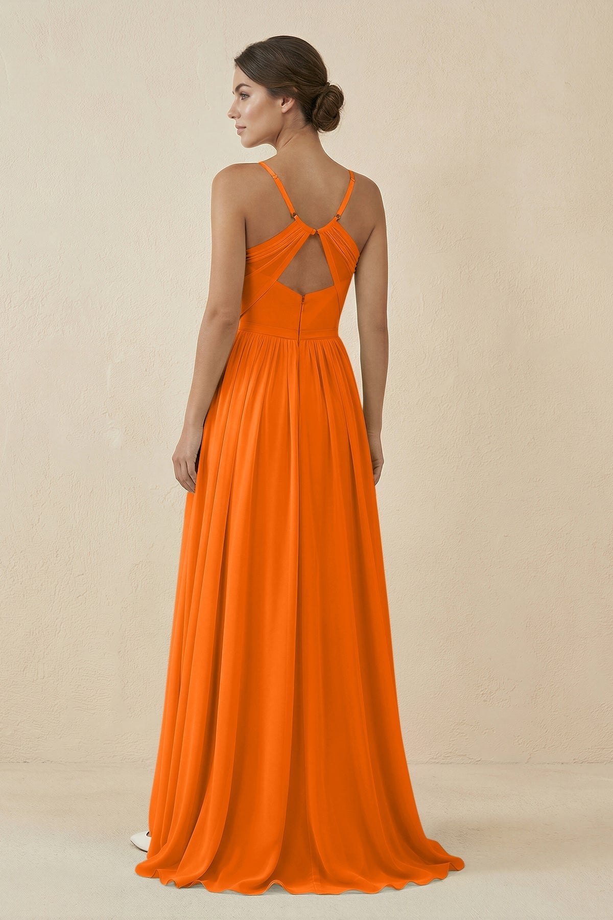 Robe longue orange en mousseline coupe trapèze - Harana