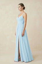 Robe demoiselle d’honneur bleu ciel longue sans manches avec fente froncée - Harana