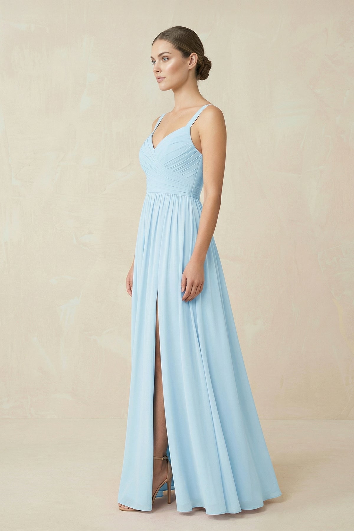 Robe demoiselle d’honneur bleu ciel longue sans manches avec fente froncée - Harana