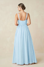 Robe demoiselle d’honneur bleu ciel longue sans manches avec fente froncée - Harana