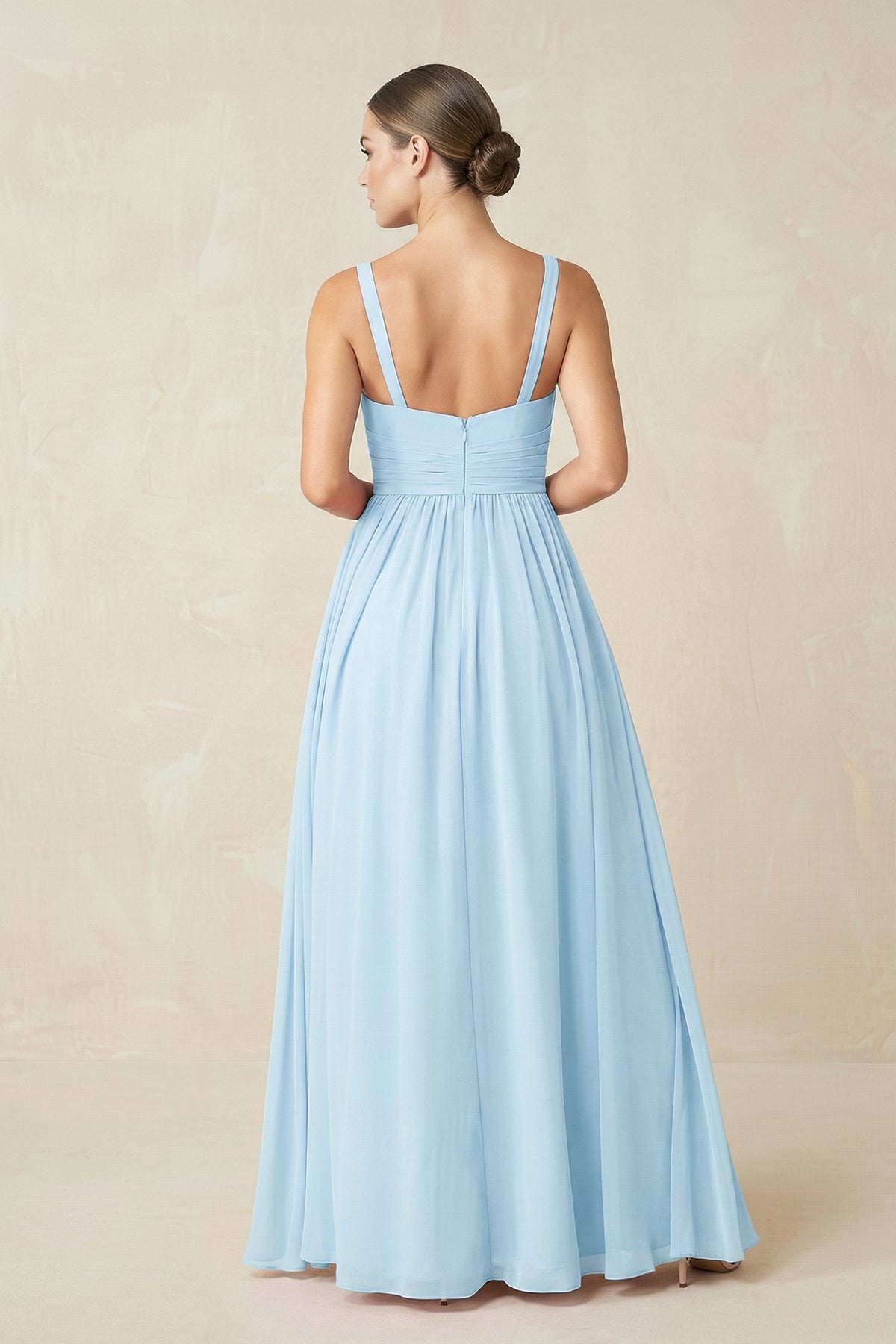 Robe demoiselle d’honneur bleu ciel longue sans manches avec fente froncée - Harana