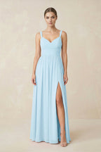 Robe demoiselle d’honneur bleu ciel longue sans manches avec fente froncée - Harana