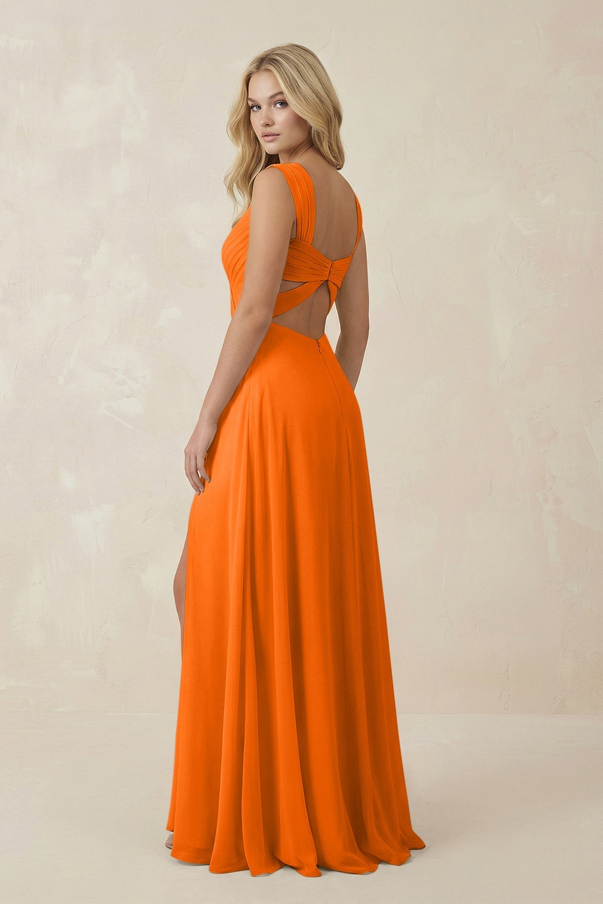 Robe longue orange en mousseline coupe trapèze - Harana