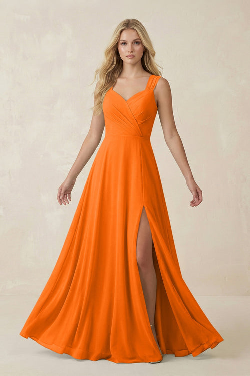 Robe de demoiselle d’honneur orange longue en mousseline silhouette trapèze à décolleté cœur - Harana