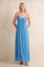 Robe bleu acier longue en mousseline coupe trapèze à décolleté cœur - Harana