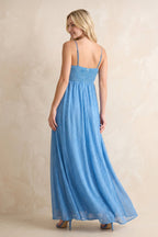 Robe bleu acier longue en mousseline coupe trapèze à décolleté cœur - Harana